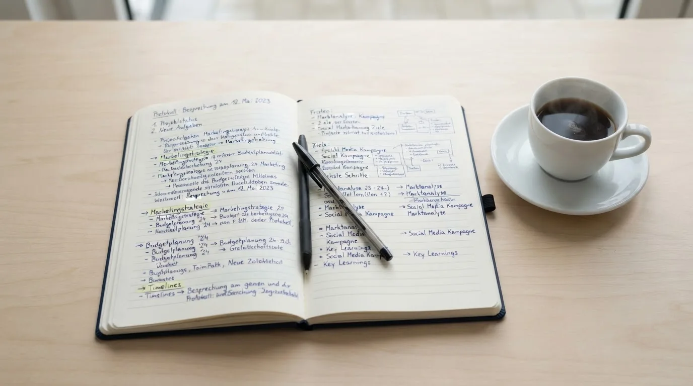Ein aufgeschlagenes Notizbuch mit handschriftlichen Notizen und ein Kugelschreiber liegen auf einem hellen Schreibtisch neben einer Kaffeetasse.
