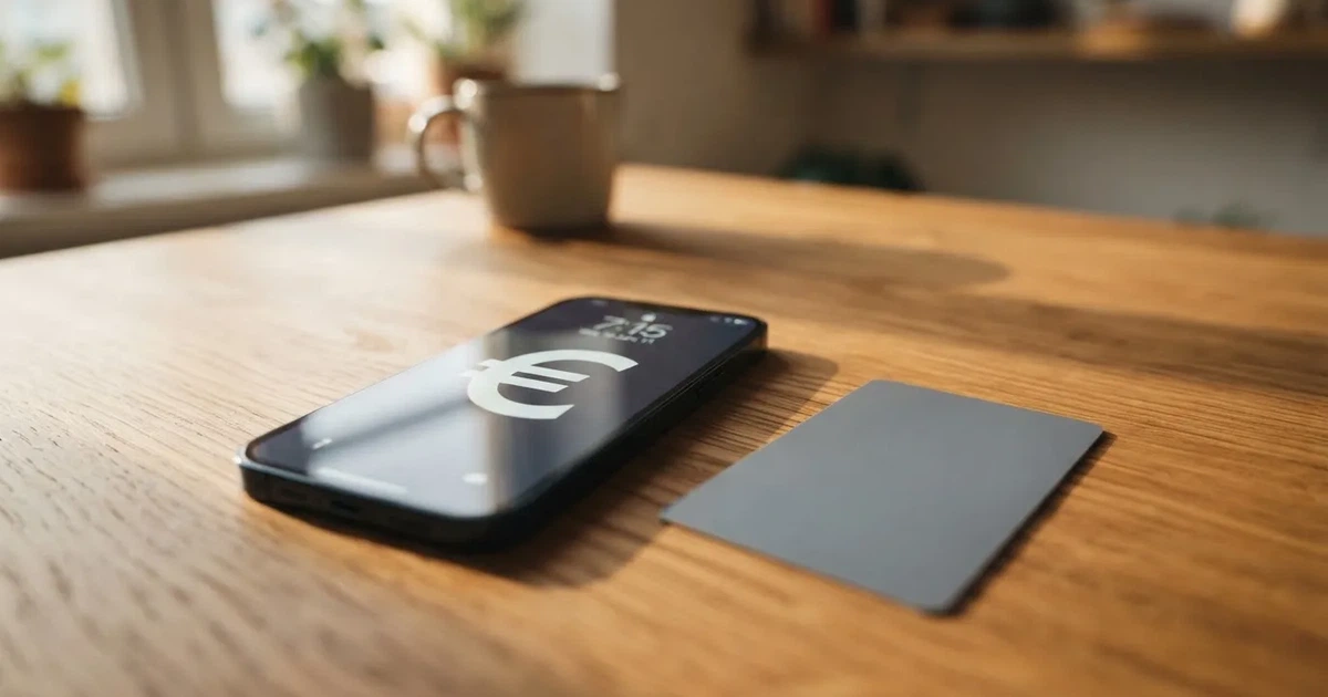 Ein Smartphone liegt mit dem Display nach unten auf einem Holztisch, daneben ein paar Euro-Münzen und eine unbeschriftete Plastikkarte im Morgenlicht.