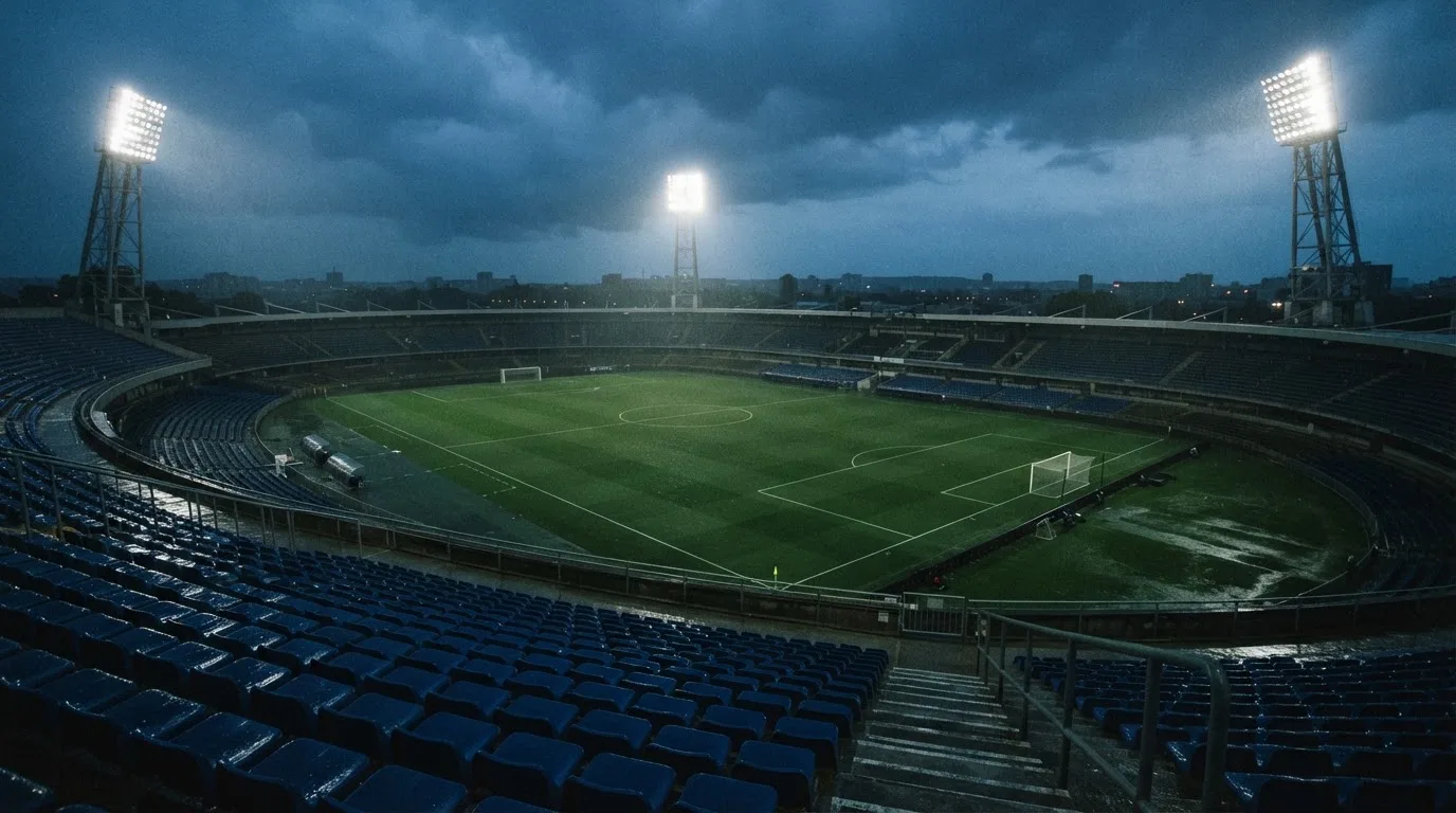 Ein Fußballplatz mit Flutlichtmasten in der Abenddämmerung, aus der Ferne gesehen, leere Tribünen und nasser Rasen unter bewölktem Himmel.