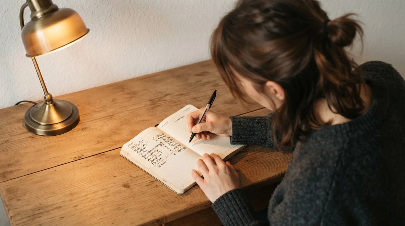 Ein Taschenrechner und ein Blatt Papier mit handschriftlichen Notizen liegen auf einem Schreibtisch unter dem warmen Licht einer Lampe.