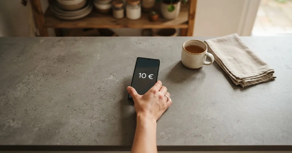 Eine Hand legt ein paar Münzen neben ein umgedrehtes Smartphone auf eine graue Tischplatte, dahinter verschwommen ein Küchenregal.