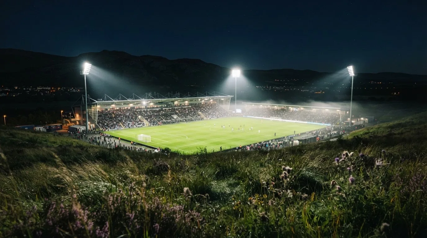 Ein Stadion unter Flutlicht bei Nacht, von einem Hügel aus der Ferne betrachtet, mit Dunst über dem Spielfeld.