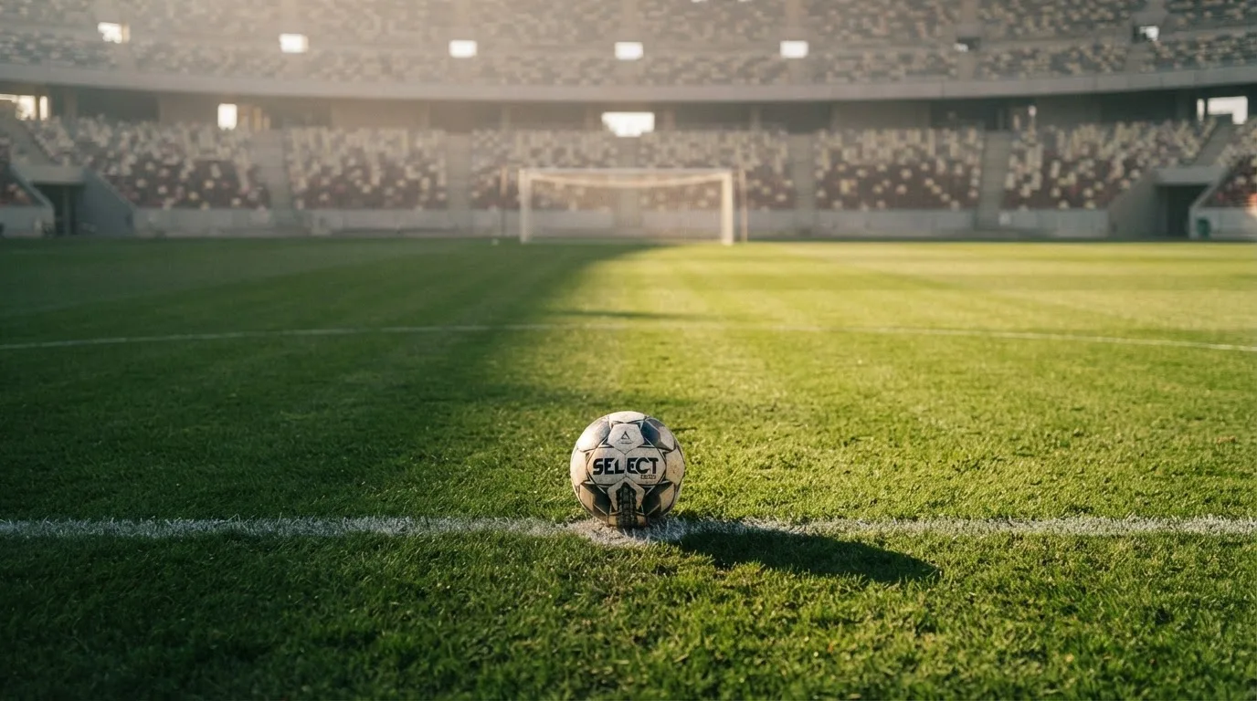 Ein Fußball liegt auf dem Elfmeterpunkt eines leeren Rasenplatzes, im Hintergrund eine Tribüne im Dunst.