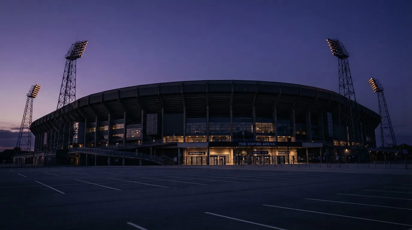 Ein Fußballstadion von außen in der Dämmerung, hohe Flutlichtmasten vor einem violetten Himmel, davor ein leerer Parkplatz.