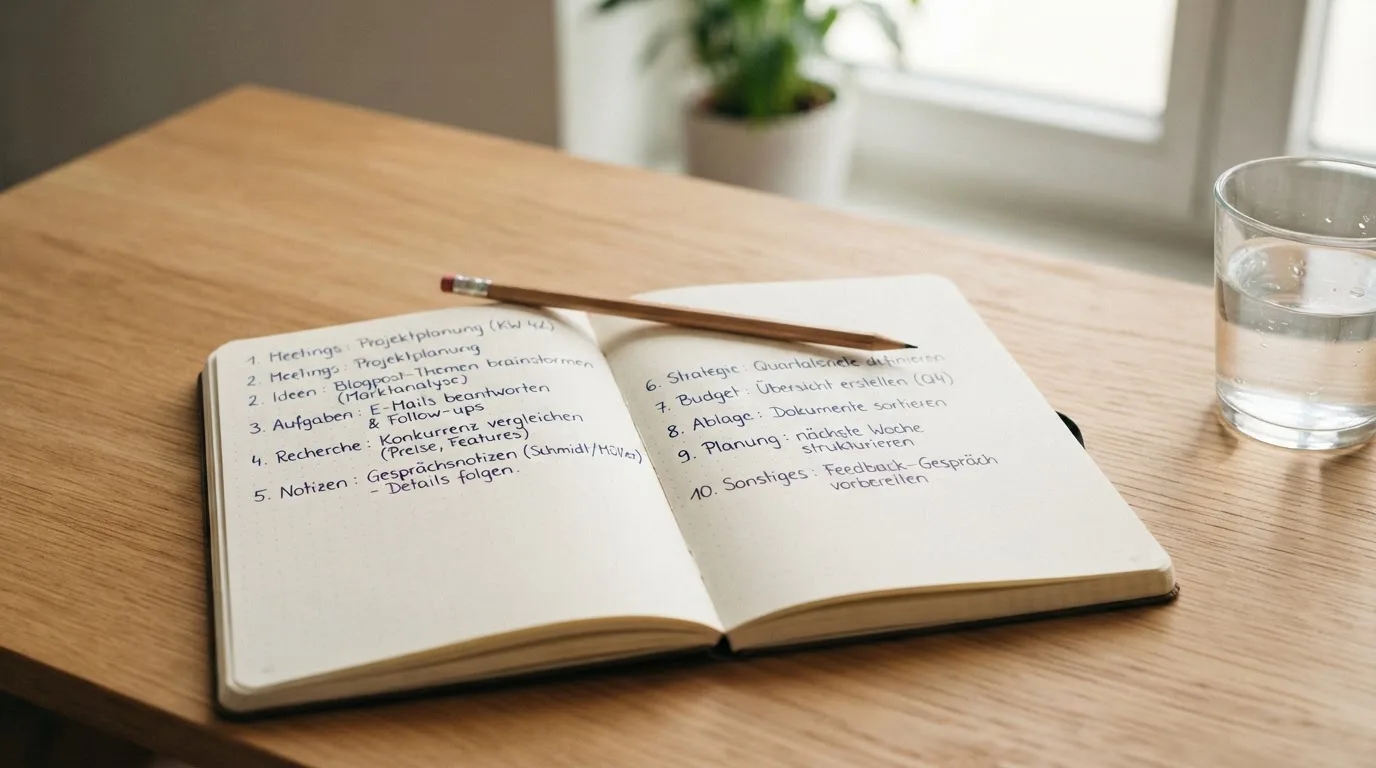 Ein aufgeschlagenes Heft mit handschriftlichen Notizen und ein Bleistift liegen auf einem Schreibtisch, daneben ein Glas Wasser.