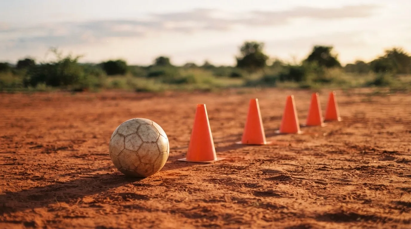 Ein Fußball auf rotem Sandboden neben einer Reihe Hütchen auf einem Trainingsplatz bei untergehender Sonne.