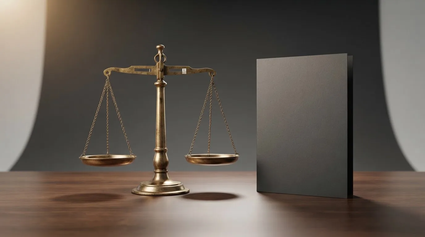 Eine Waage aus Messing und ein geschlossener Aktenordner ohne Beschriftung stehen auf einem polierten Schreibtisch.