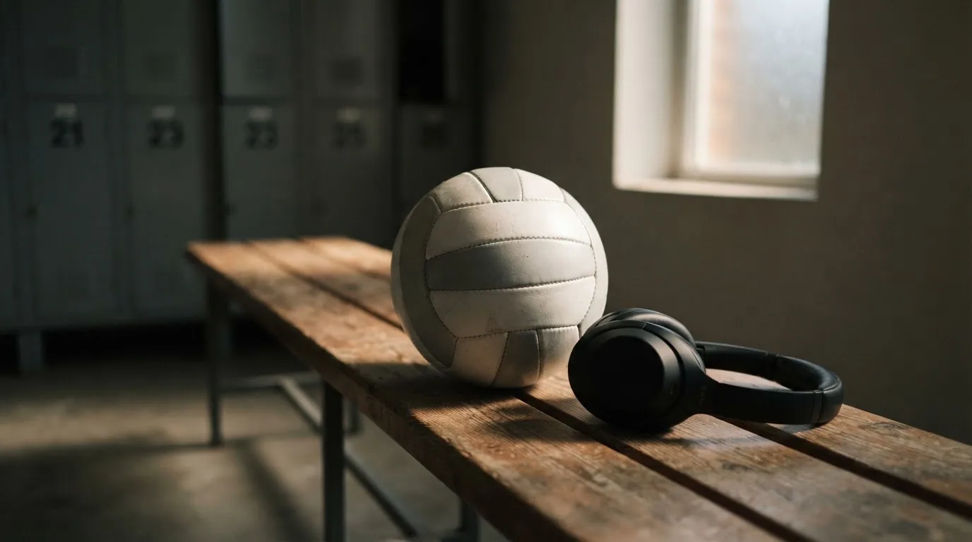 Ein Fußball liegt neben Kopfhörern auf einer Holzbank in einer Umkleide, Licht fällt durch ein schmales Fenster.