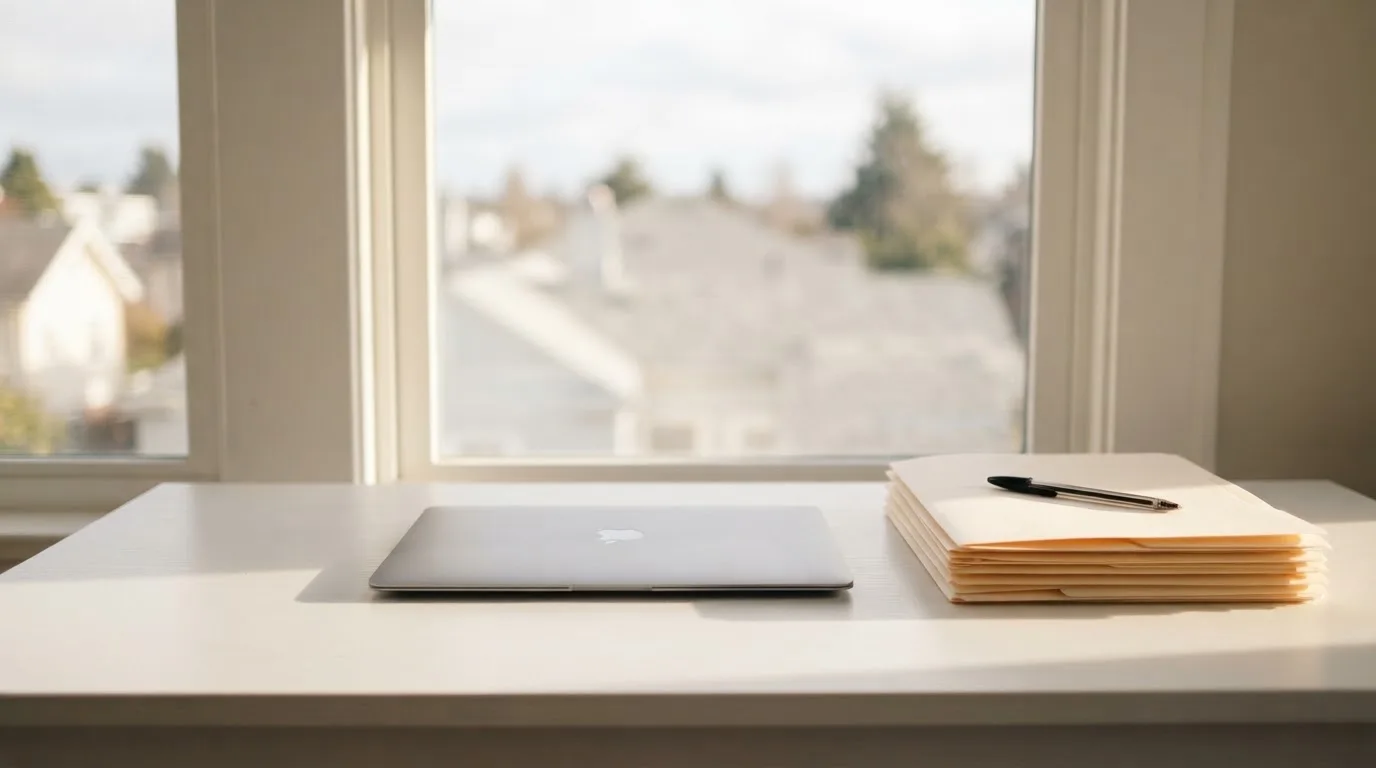 Ein Schreibtisch mit geschlossenem Laptop und einem Stapel unbeschrifteter Mappen vor einem Fenster am Nachmittag.