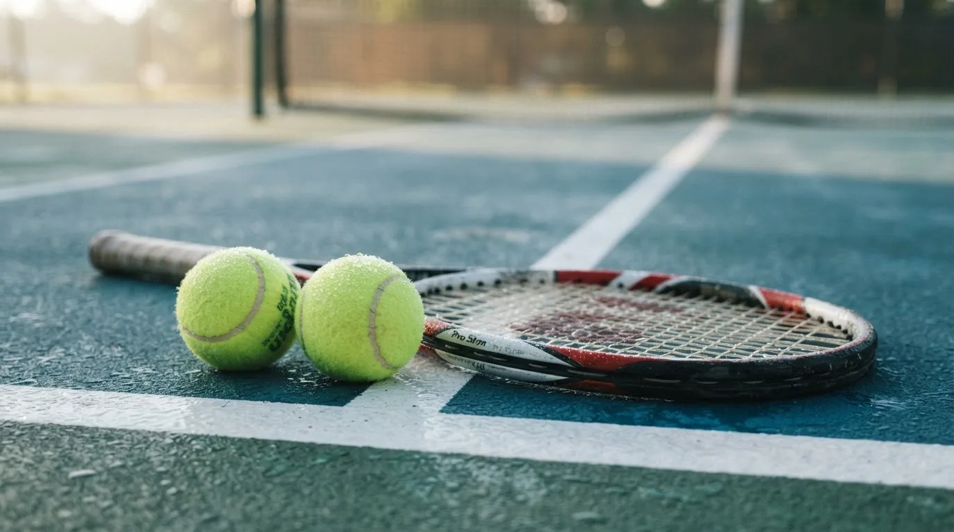 Zwei Tennisbälle und ein Schläger liegen auf der Grundlinie eines Hartplatzes, kleine Wassertropfen glänzen auf dem Belag.