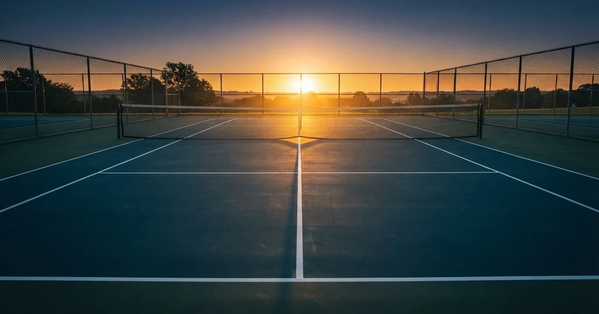 Ein leerer Tennisplatz mit Hartplatzbelag in der Morgendämmerung, das Netz im Gegenlicht und lange Schatten der Linien.