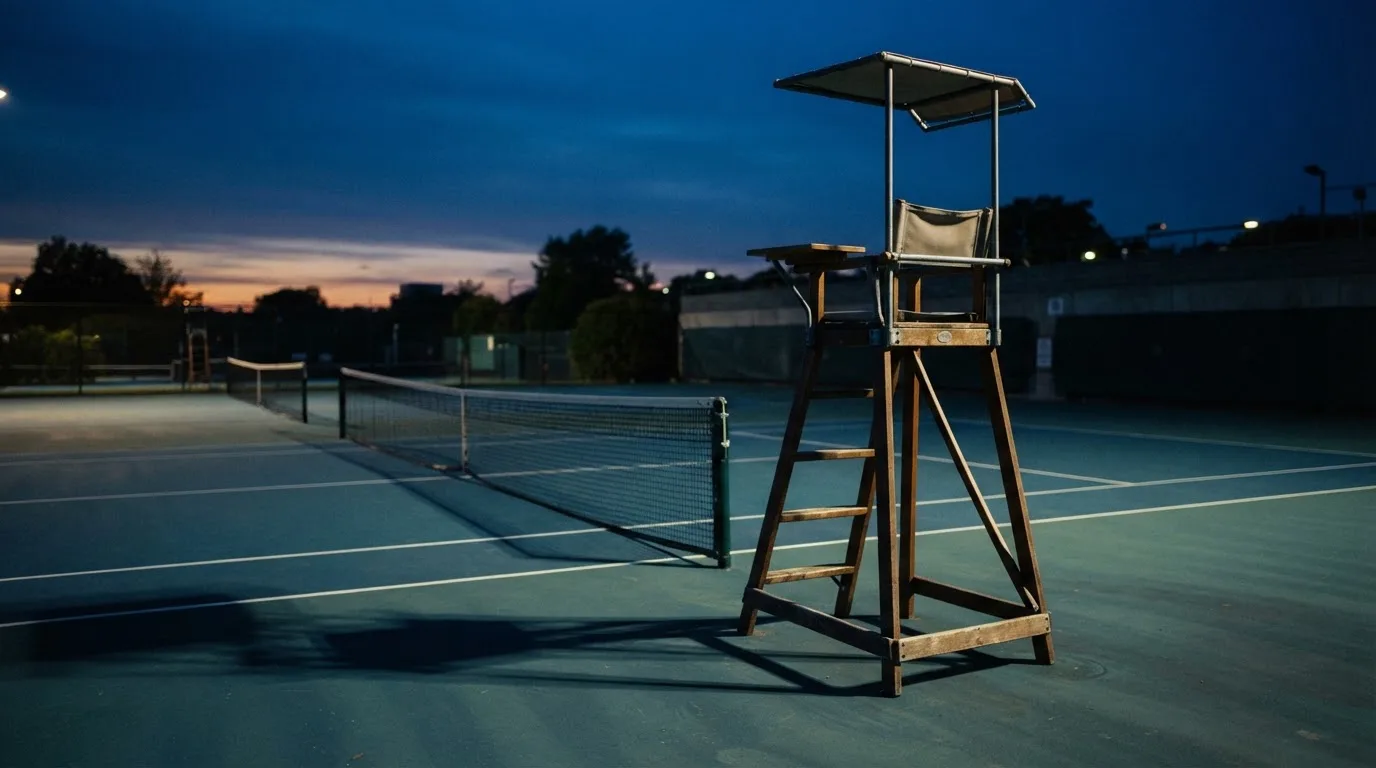 Ein leerer Schiedsrichterstuhl am Spielfeldrand eines Tennisplatzes im Abendlicht, lange Schatten auf dem Belag.