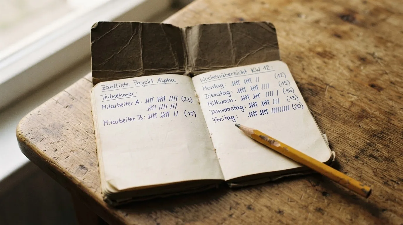 Ein handschriftlich geführtes Heft mit Strichlisten liegt neben einem Bleistift auf einem Tisch, seitlich fällt Tageslicht herein.