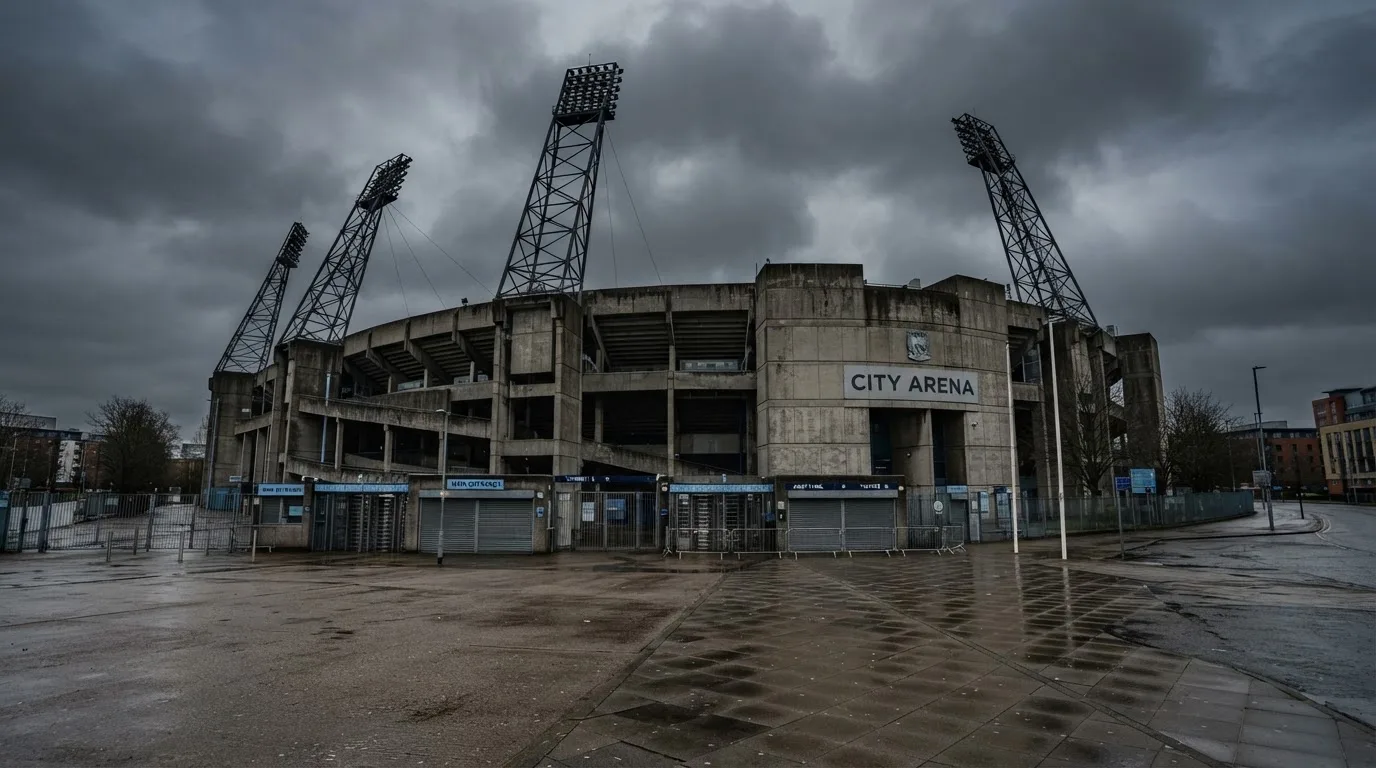 Ein leeres Stadion von außen, hohe Flutlichtmasten vor einem grauen Himmel mit Regenwolken.