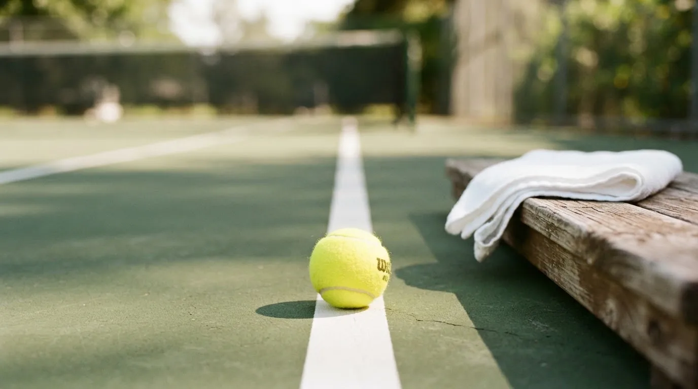 Ein gelber Tennisball liegt auf einer weißen Linie, daneben ein Handtuch auf einer Bank am Spielfeldrand.