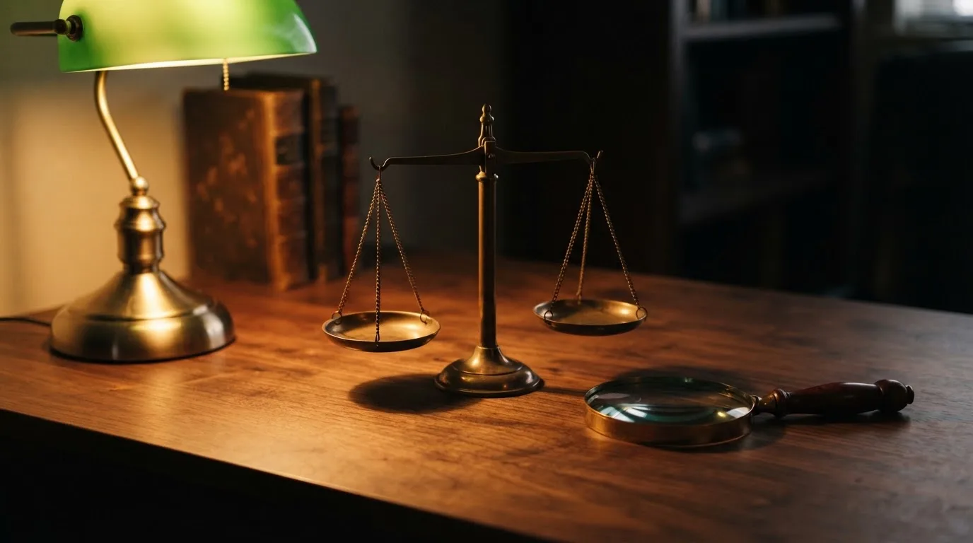 Eine Waage aus Messing steht neben einer Lupe auf einem polierten Schreibtisch im Licht einer Lampe.