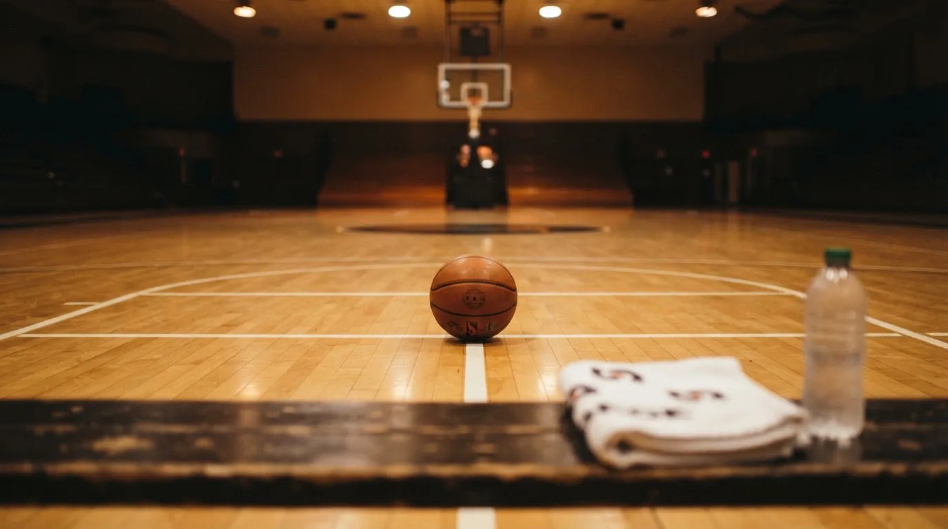 Ein Basketball liegt auf der Freiwurflinie einer Halle, im Vordergrund ein Handtuch auf einer Bank.