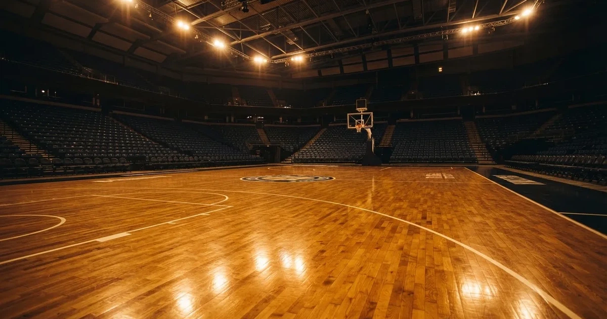 Eine leere Basketballhalle mit glänzendem Parkett und einem Korb im Hintergrund, Licht von Deckenstrahlern spiegelt sich im Boden.