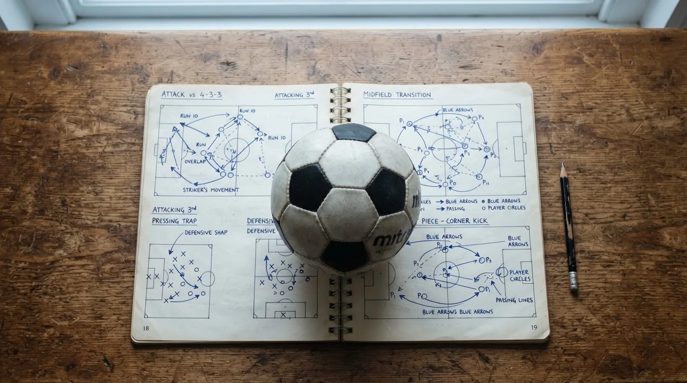 Ein Fußball liegt auf einem Notizbuch mit handgezeichneten Skizzen von Spielzügen, aufgenommen von oben auf einem Holztisch.