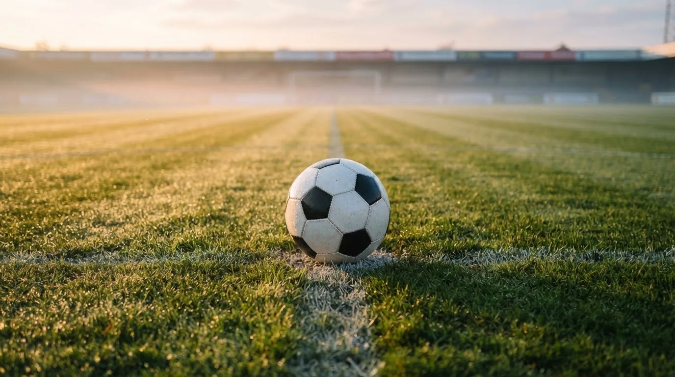 Ein Fußball liegt auf dem Anstoßpunkt eines Rasens bei Sonnenaufgang, Tau glitzert auf den Halmen.
