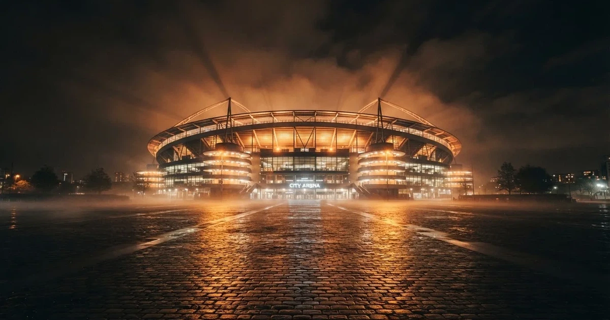 Ein großes Fußballstadion bei Flutlicht von außen, davor ein leerer Vorplatz mit nassem Pflaster und Dunst.