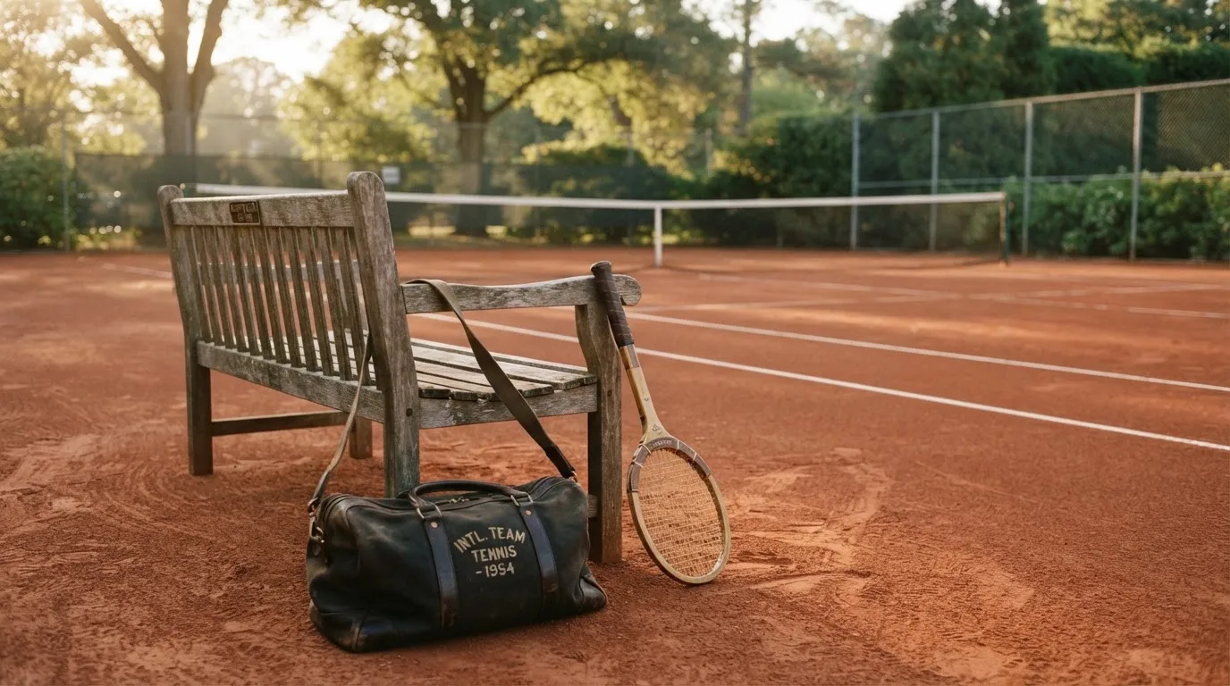 Ein Tennisschläger lehnt an einer Bank neben einer Sporttasche, im Hintergrund ein leerer Platz.