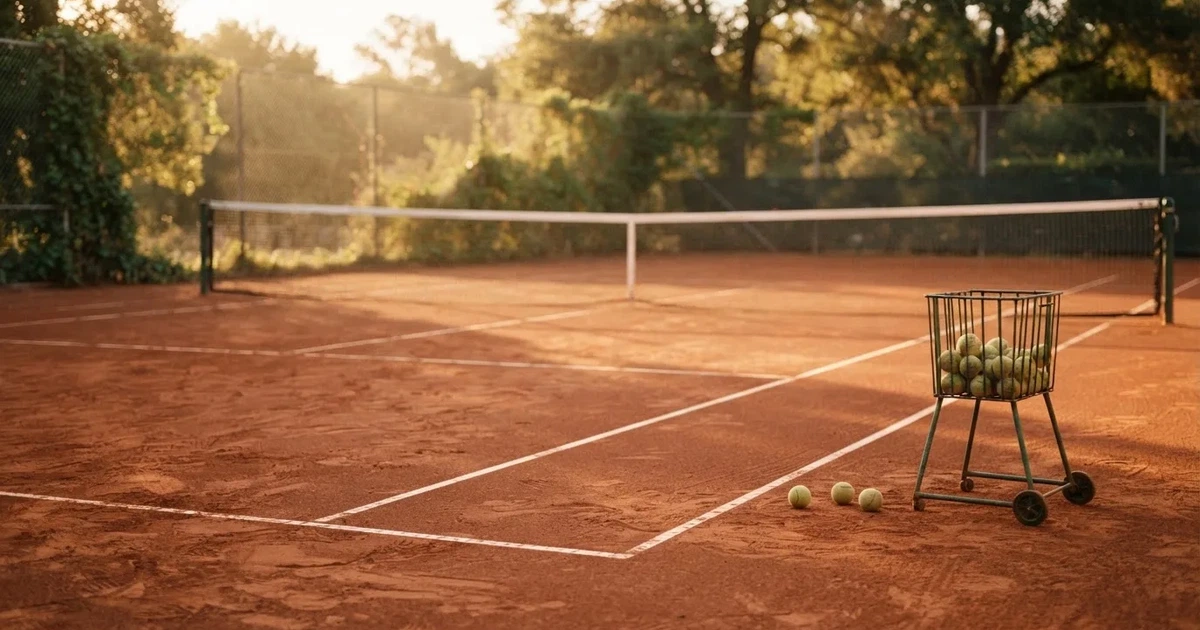 Ein Sandplatz mit frisch gezogenen Linien in der Nachmittagssonne, Netz und Ballkorb am Rand, keine Menschen.