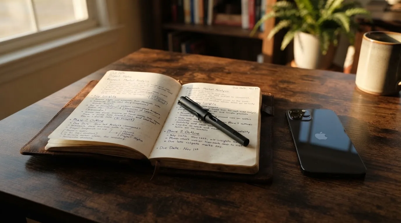 Ein Notizbuch mit handschriftlichen Notizen und ein Kugelschreiber liegen neben einem Smartphone mit dunklem Display auf einem Holztisch.