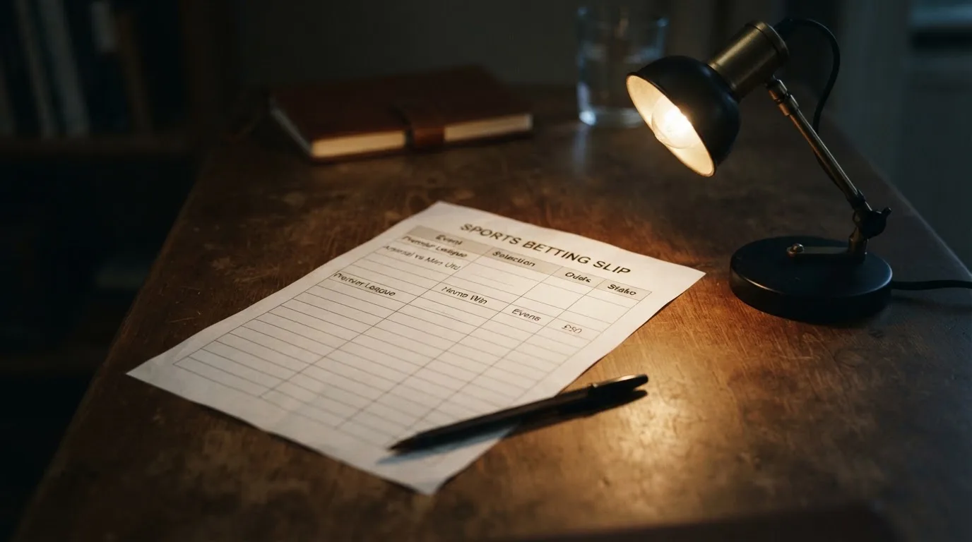 Ein leerer Wettschein aus Papier liegt neben einem Stift auf einem Schreibtisch im Licht einer kleinen Tischlampe.