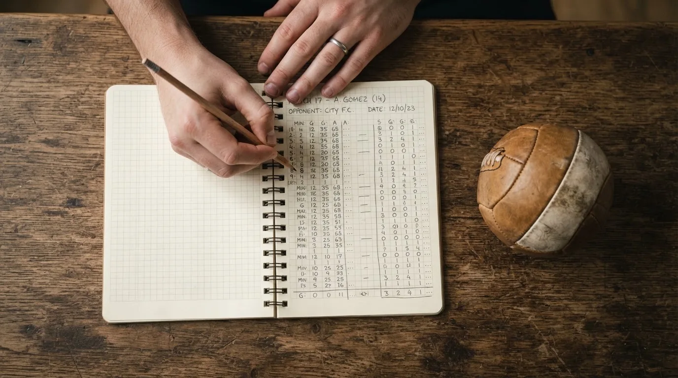 Eine Hand notiert mit Bleistift Zahlen in ein kariertes Heft, daneben liegt ein kleiner Lederfußball auf einer Holzplatte.