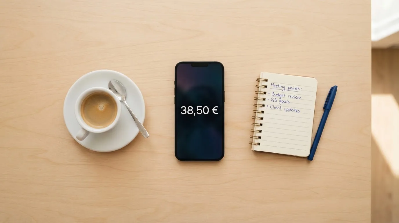 Ein Smartphone mit dunklem Display liegt neben einer Kaffeetasse und einem Notizblock auf einem hellen Tisch.