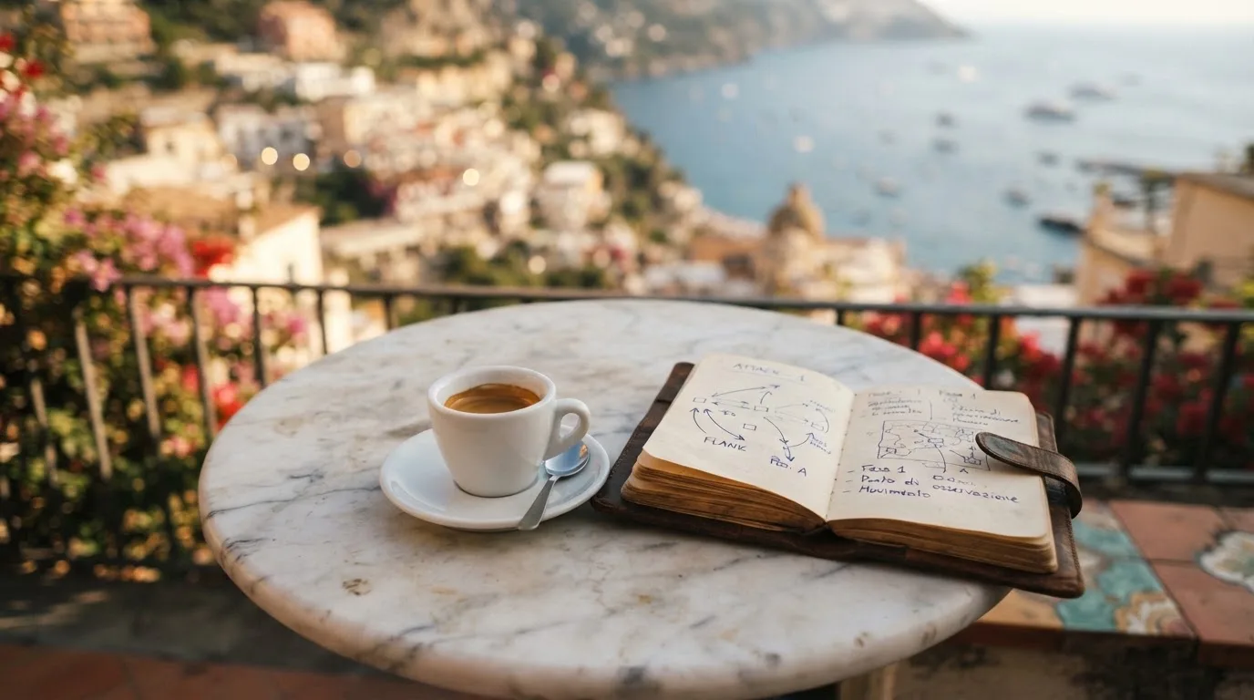 Eine Espressotasse steht auf einem kleinen Marmortisch einer Terrasse, daneben ein Notizheft mit handschriftlichen Skizzen.