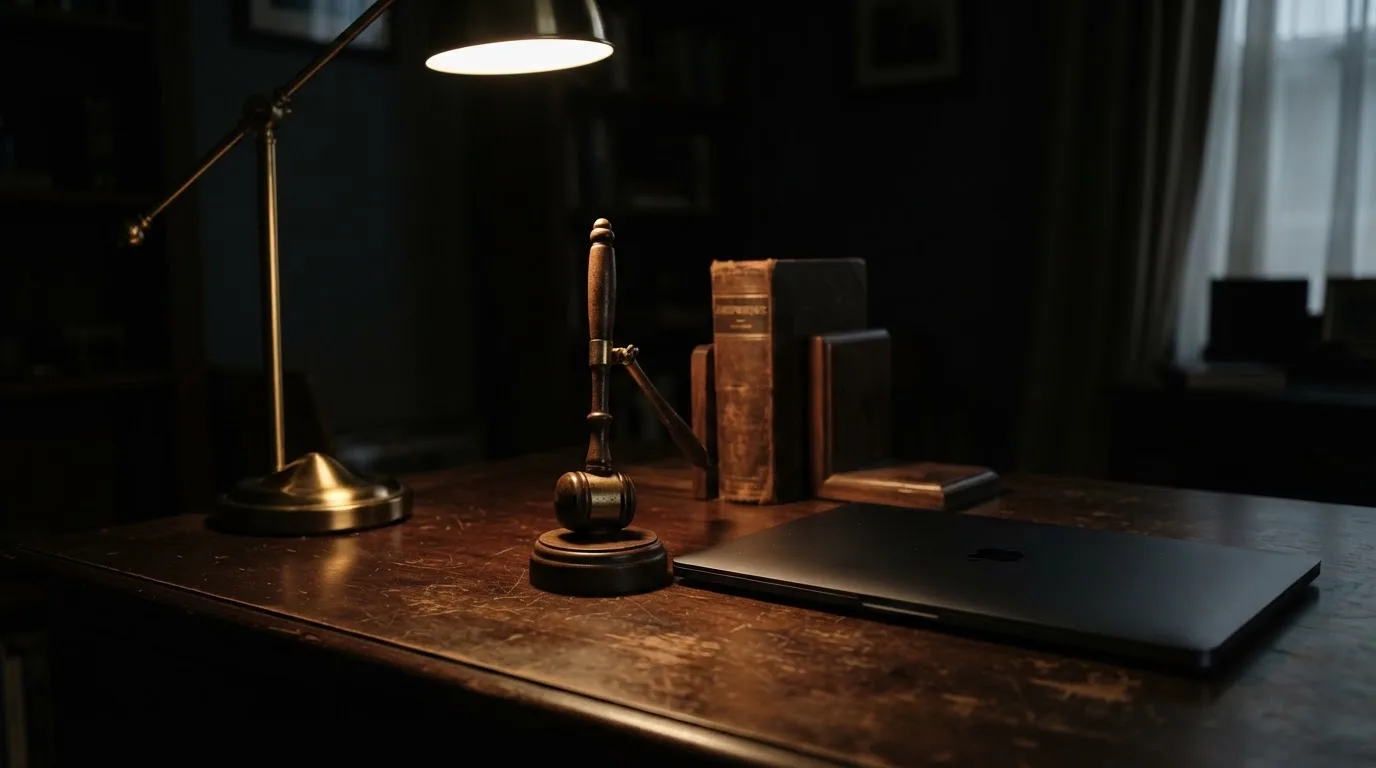 Ein Schreibtisch mit Stehlampe, einem geschlossenen Laptop und einem hölzernen Richterhammer im Halbdunkel.
