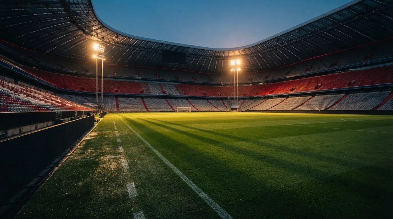 Eine leere Stadiontribüne unter Flutlicht aus der Ferne betrachtet, die Rasenfläche leuchtet grün in der Dämmerung.