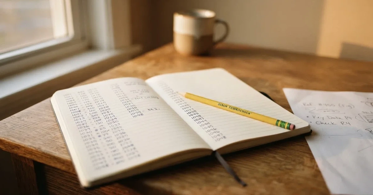 Ein aufgeschlagenes Notizbuch mit handschriftlichen Zahlenreihen und ein Bleistift liegen neben einem Taschenrechner auf einem Schreibtisch.