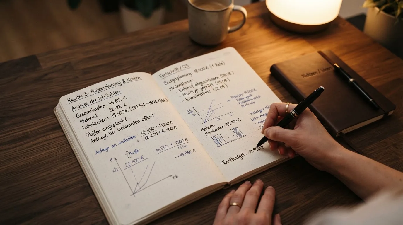 Ein Notizbuch mit handschriftlichen Rechnungen und ein Taschenrechner liegen auf einem aufgeräumten Schreibtisch in warmem Licht.