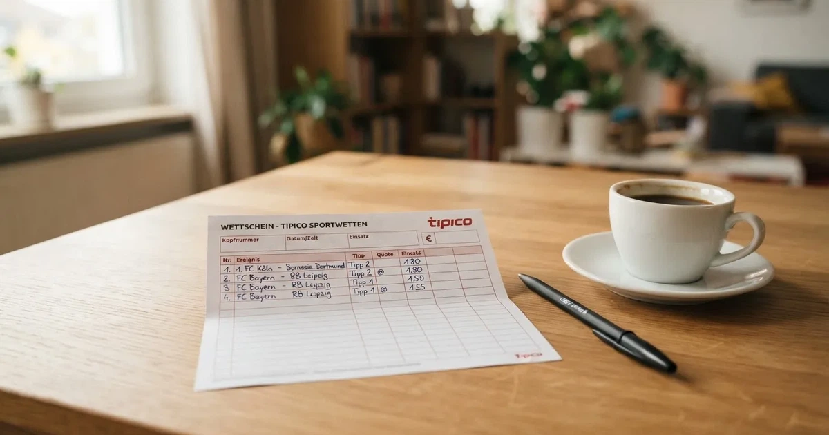 Ein leerer Papier-Wettschein liegt neben einem Kugelschreiber und einer Kaffeetasse auf einem hellen Holztisch, Tageslicht von links.