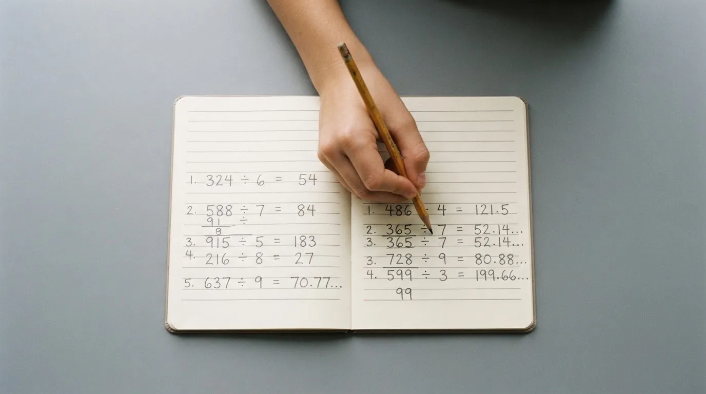 Ein Taschenrechner, ein Bleistift und ein Block mit handschriftlichen Zahlenreihen liegen auf einer grauen Arbeitsfläche.