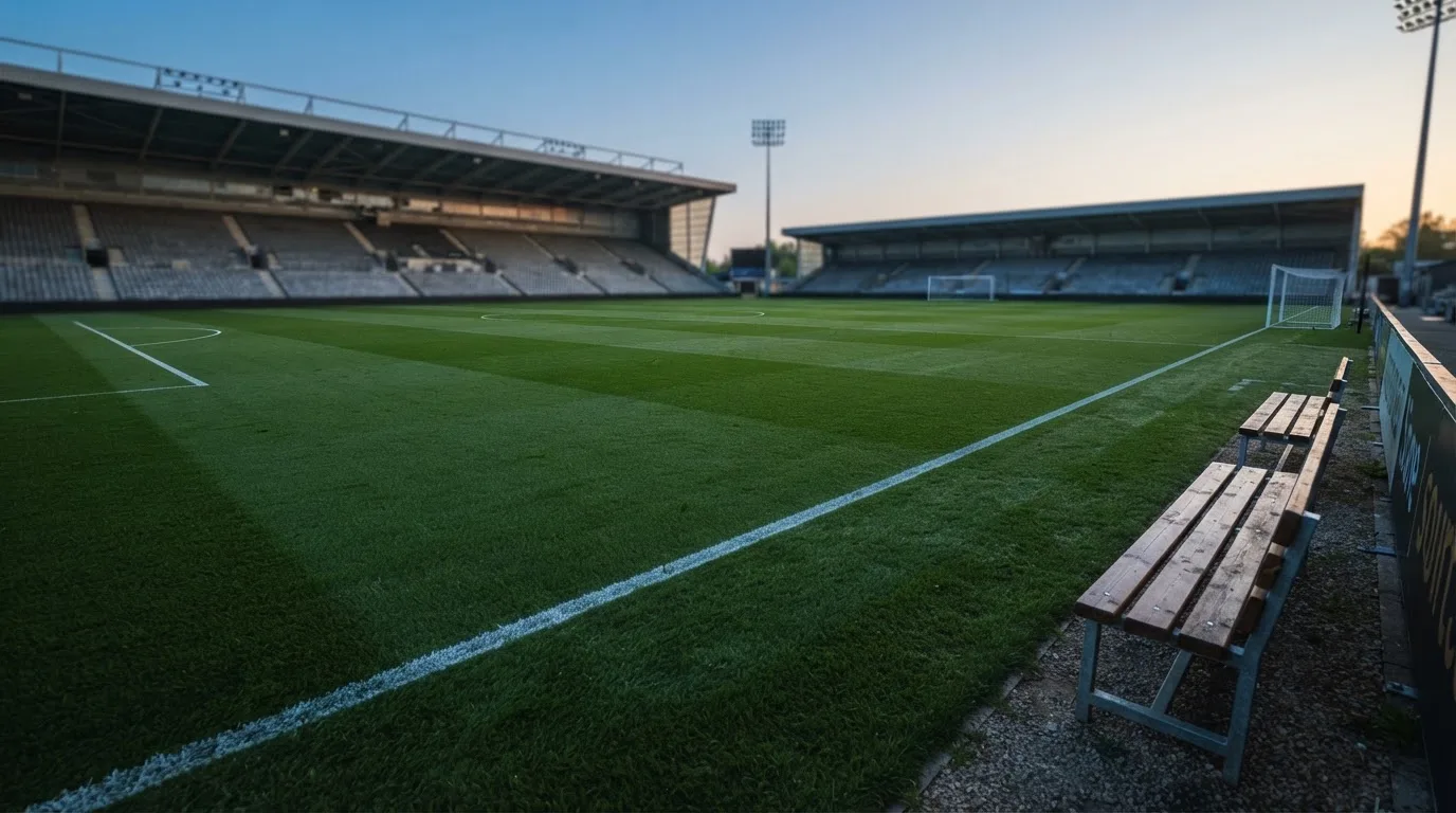 Ein Fußballplatz mit frisch gezogenen Kreidelinien im ersten Morgenlicht, leere Ersatzbänke am Spielfeldrand.