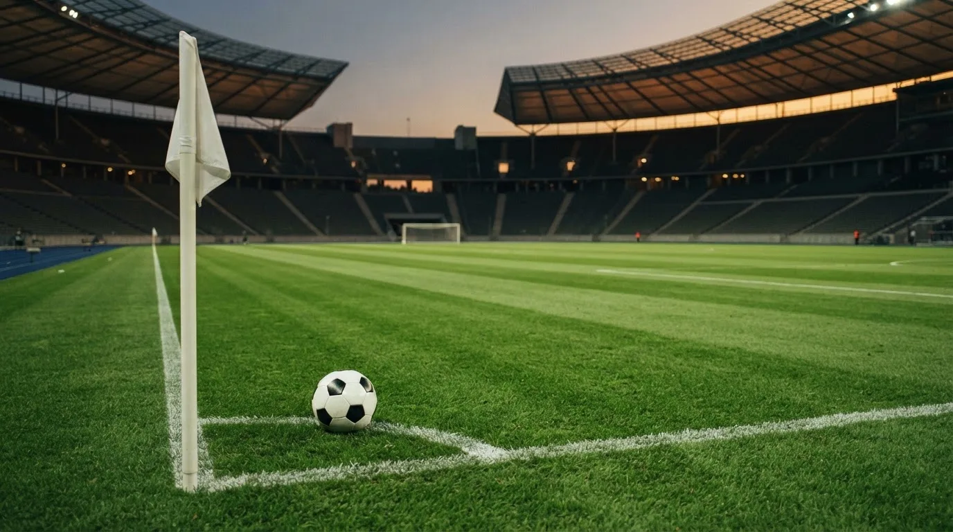 Ein Fußball liegt neben einem Eckfahnen-Pfosten auf einem Rasenplatz, im Hintergrund ein leeres Stadion in der Dämmerung.