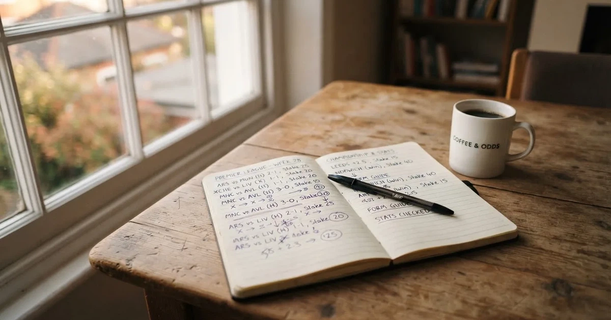 Ein aufgeklapptes Notizbuch mit handschriftlichen Pfeilen und Kreuzen liegt neben einem Kugelschreiber und einem Becher Kaffee auf einem Tisch am Fenster.