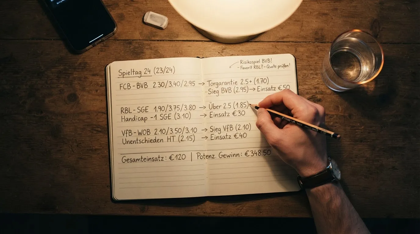 Ein Taschenrechner liegt auf einem Schreibtisch neben einem Block mit handschriftlichen Rechnungen und einem Glas Wasser.