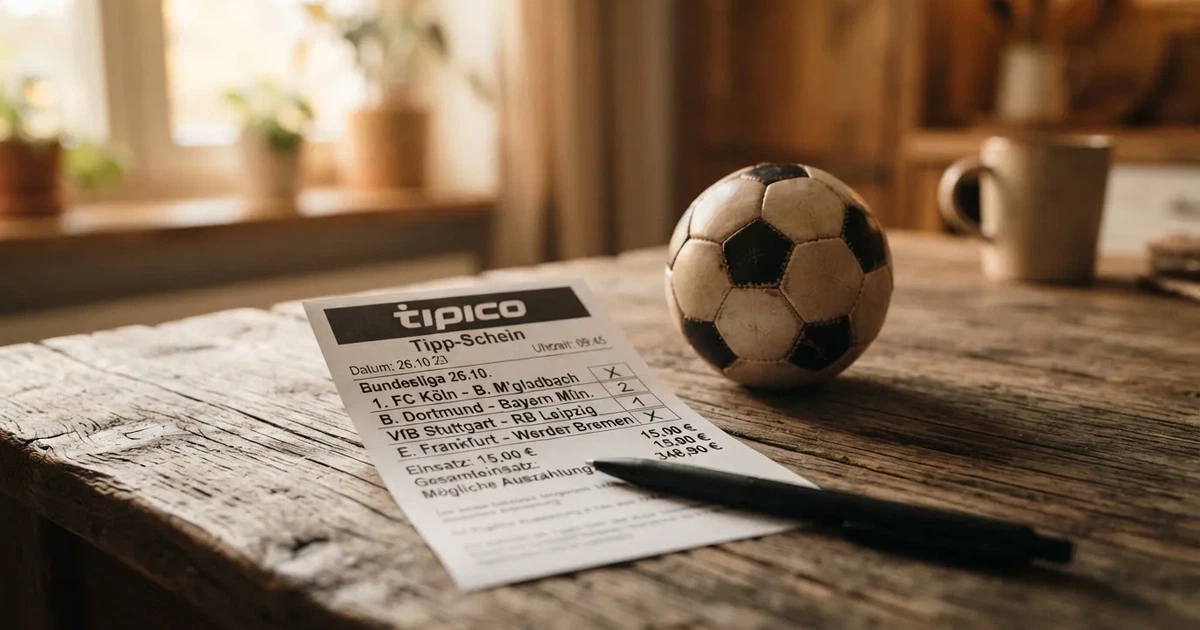 Ein leerer Papier-Wettschein und ein Kugelschreiber liegen neben einem kleinen Fußball auf einem Holztisch, weiches Fensterlicht.