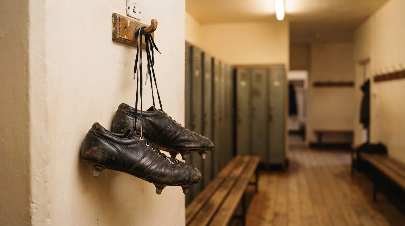 Ein Paar Fußballschuhe hängt an den Schnürsenkeln an einem Holzhaken in einer leeren Umkleidekabine.