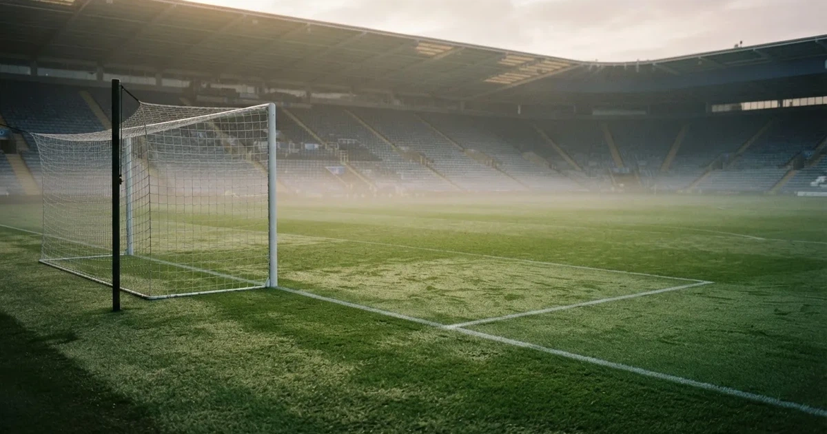 Ein Fußballplatz mit gepflegtem Rasen und einem Tor, über dem Spielfeld liegt Morgennebel, im Hintergrund eine leere Tribüne.