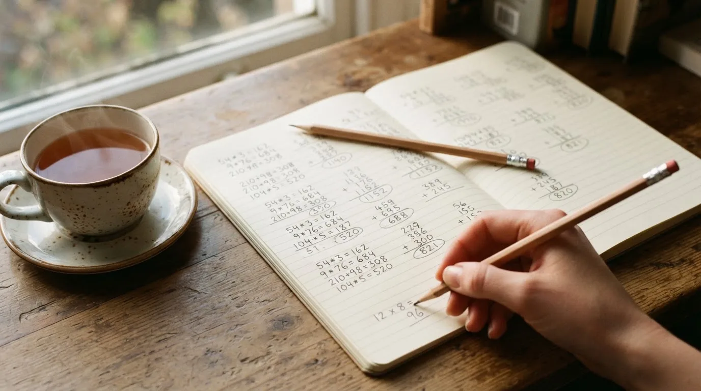 Ein Schreibtisch mit Taschenrechner, Bleistift und einem Block voller handschriftlicher Rechnungen, daneben eine Tasse Tee.