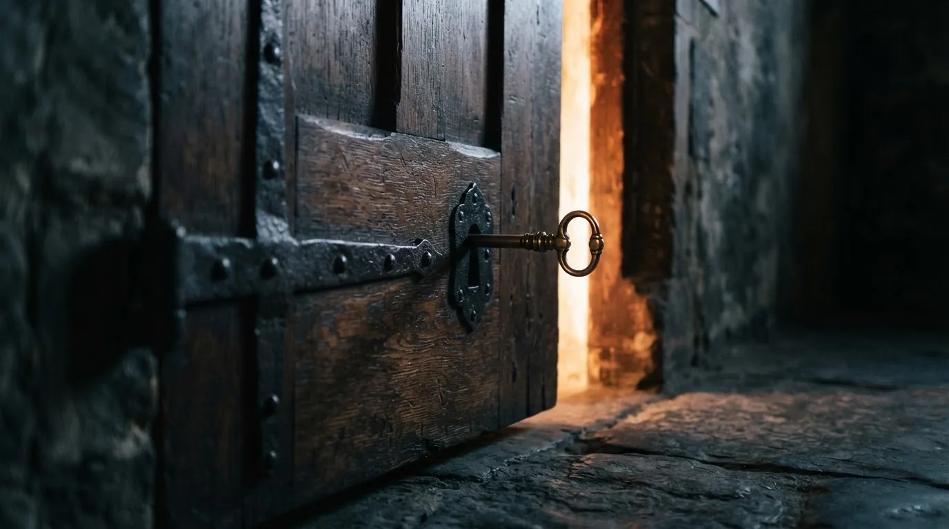 Ein Schlüssel steckt im Schloss einer massiven Holztür, Licht fällt durch einen schmalen Spalt.