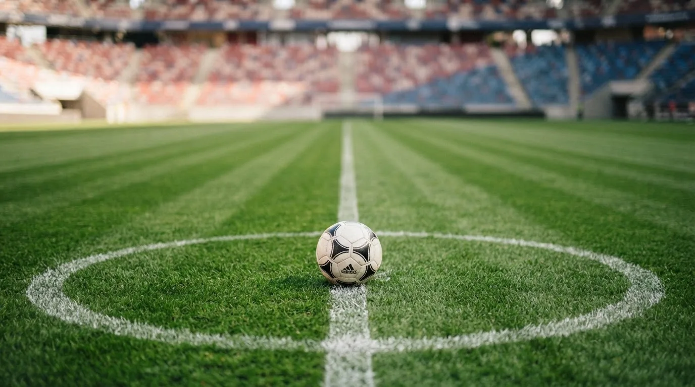 Ein Fußball liegt auf dem Rasen im Mittelkreis, die Kreidelinien führen scharf ins Bild, dahinter verschwimmt eine Tribüne.