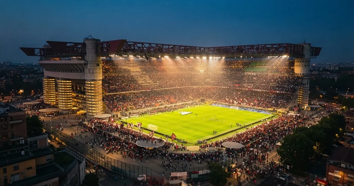Ein großes Stadion bei Nacht, aus der Ferne unter Flutlicht gesehen, die Ränge hell erleuchtet, der Rasen leuchtend grün.