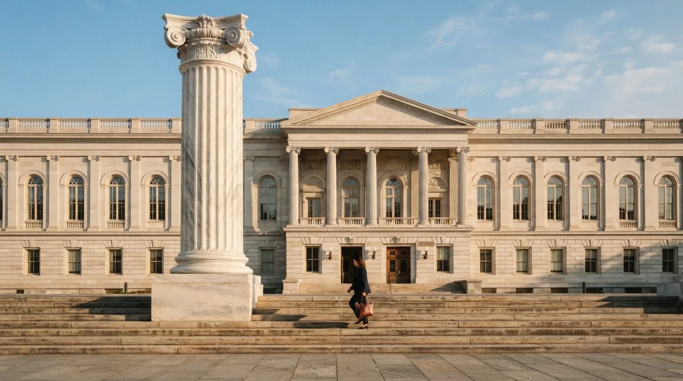 Eine Marmorsäule vor einem klassischen Gebäude, im Hintergrund blauer Himmel.